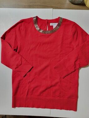 Title: Liz Claiborne Red Embellished Neck Sweater Women's Small Holiday Knit Top